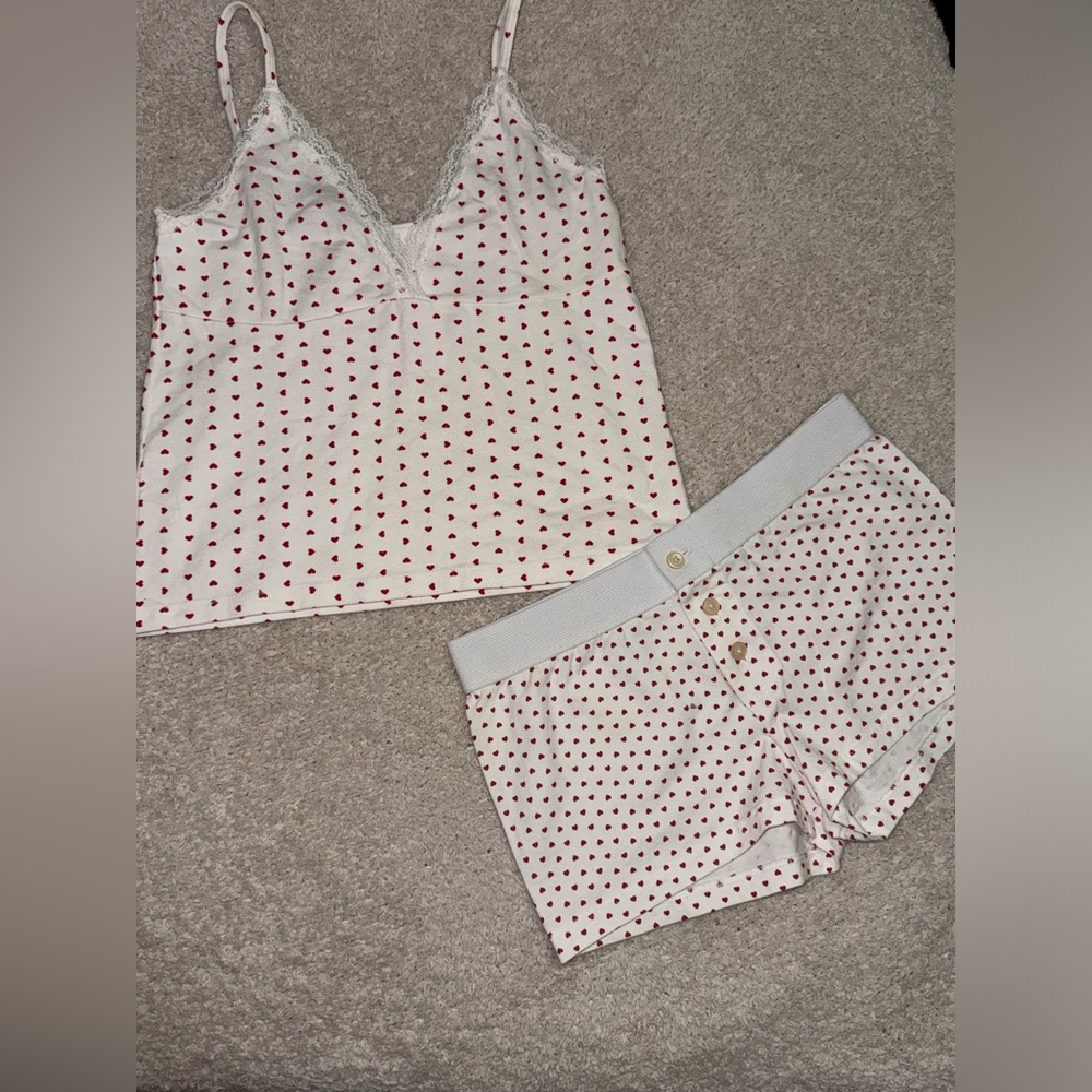 Brandy Melville White and Red Heart Pajama Set